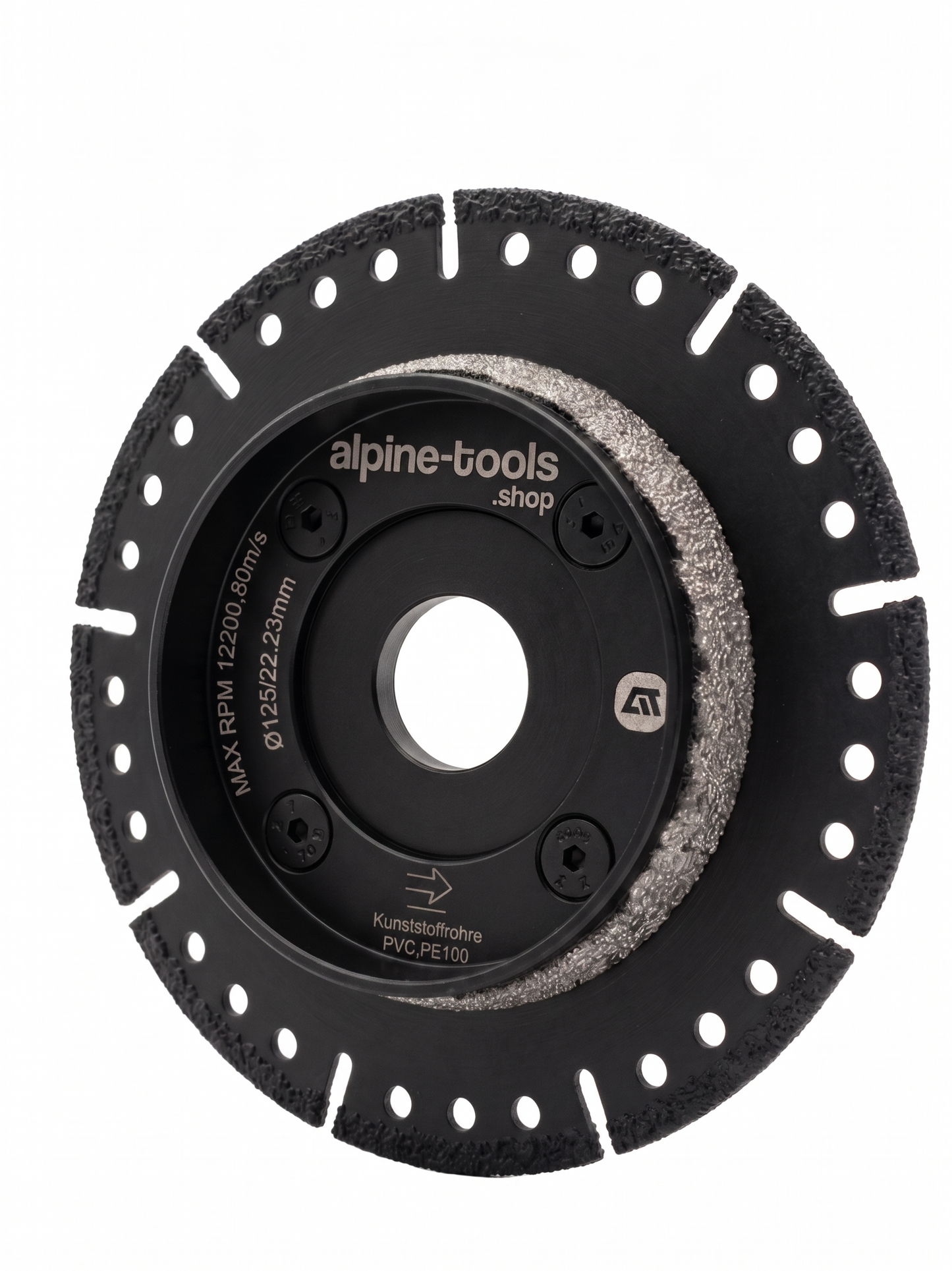 Abbildung einer schwarzen Diamant-Rohr-Trenn- und Anfasscheibe von alpine-tools.shop mit einem Durchmesser von 125 mm und einer 22,23 mm Bohrung, speziell für PVC, PP und KG Rohre.