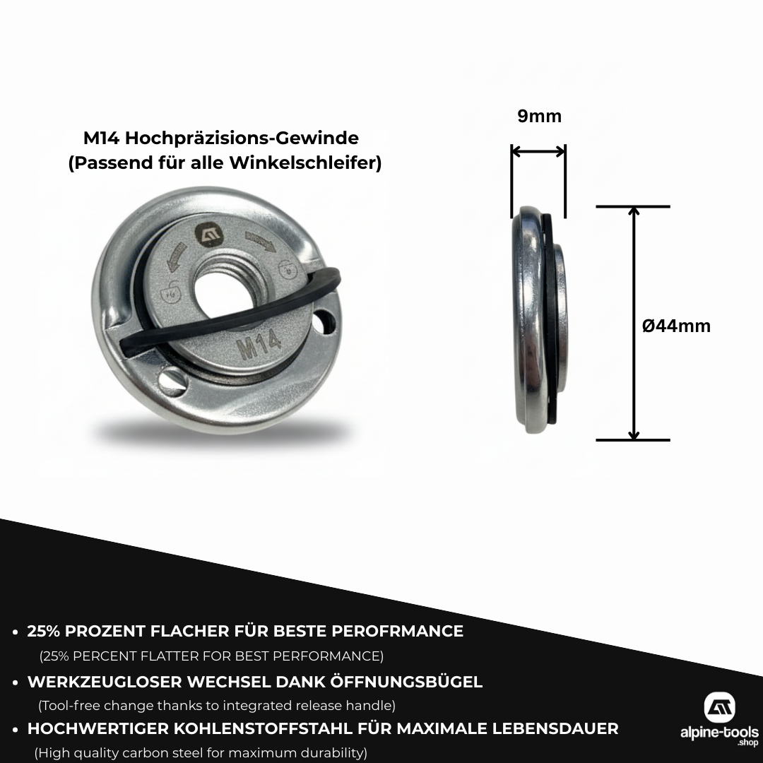 M14 Schnellspannmutter für alle Winkelschleifer – 25% flacher als Standard, 
werkzeugloser Scheibenwechsel dank Öffnungsbügel. Ø44mm, 9mm Bauhöhe, 
hochwertiger Kohlenstoffstahl. Jetzt bestellen auf alpine-tools.shop