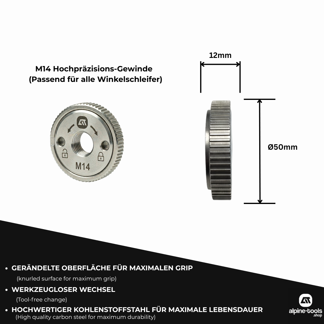M14 Schnellspannmutter XL mit gerändelte Oberfläche – Ø50mm für extra Grip 
beim Scheibenwechsel. Werkzeugloser Wechsel, Kohlenstoffstahl, passend für 
alle Winkelschleifer. ✓ alpine-tools.shop